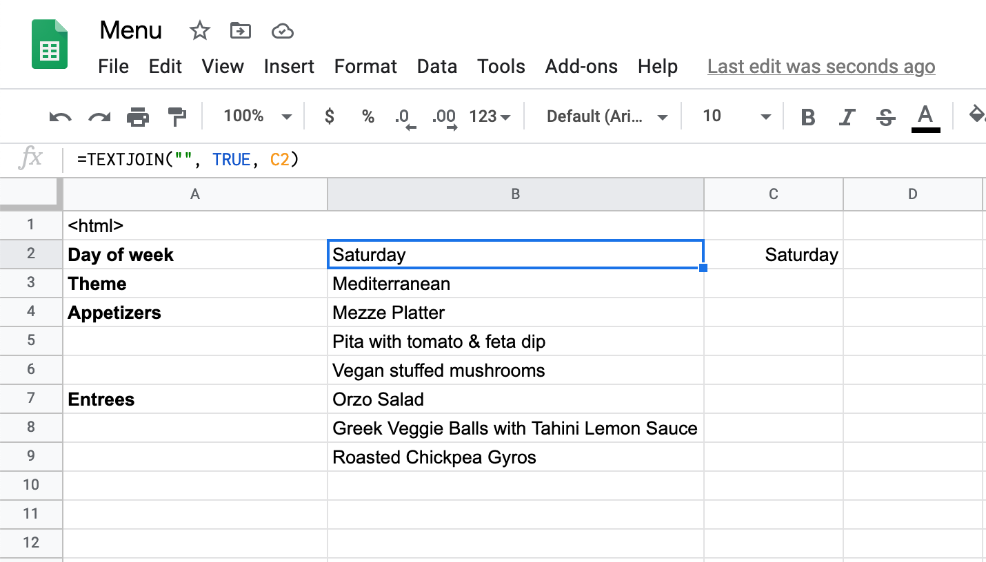 menu data in sheet